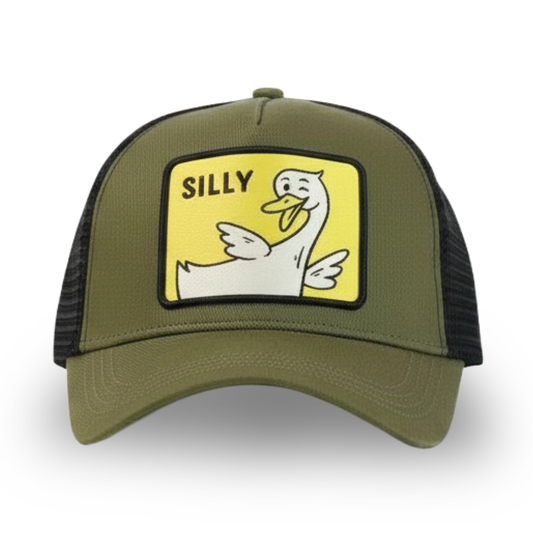 Green and black Silly Goose cap with a cartoon duck and 'SILLY' text on a white background