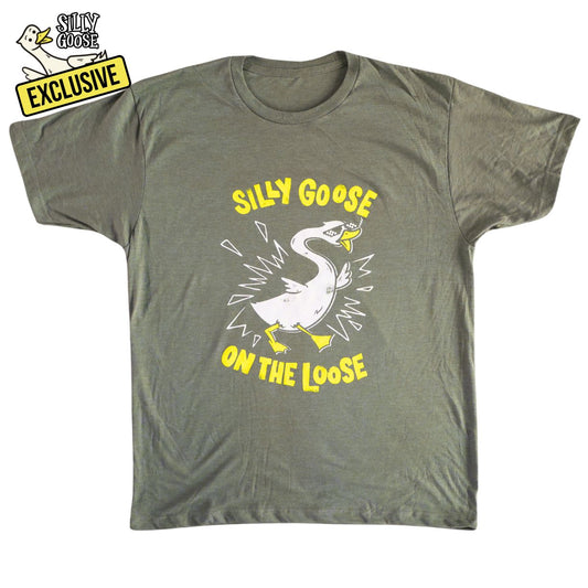Green t-shirt with 'Silly Goose' graphic design on a white background