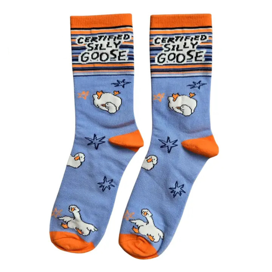 Pair of Silly Goose socks with 'Certified Silly Goose' design on a white background