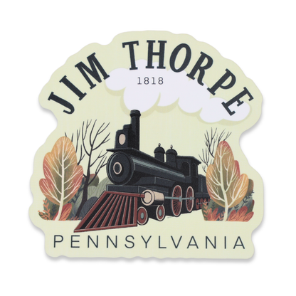 Sticker with a vintage train design and 'Jim Thorpe, Pennsylvania' text on a beige background.
