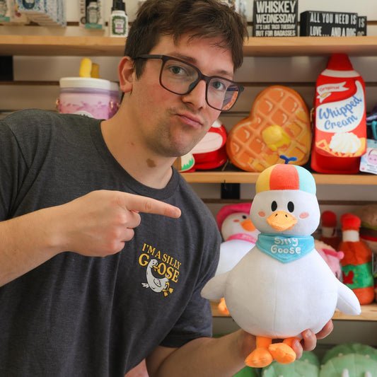 Nate from The Silly Goose holding a plush toy duck with a shelf of decorative items in the background