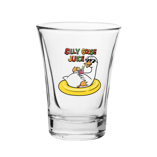 Clear Silly Goose glass with a cartoon goose and 'Silly Goose Juice' text on a white background