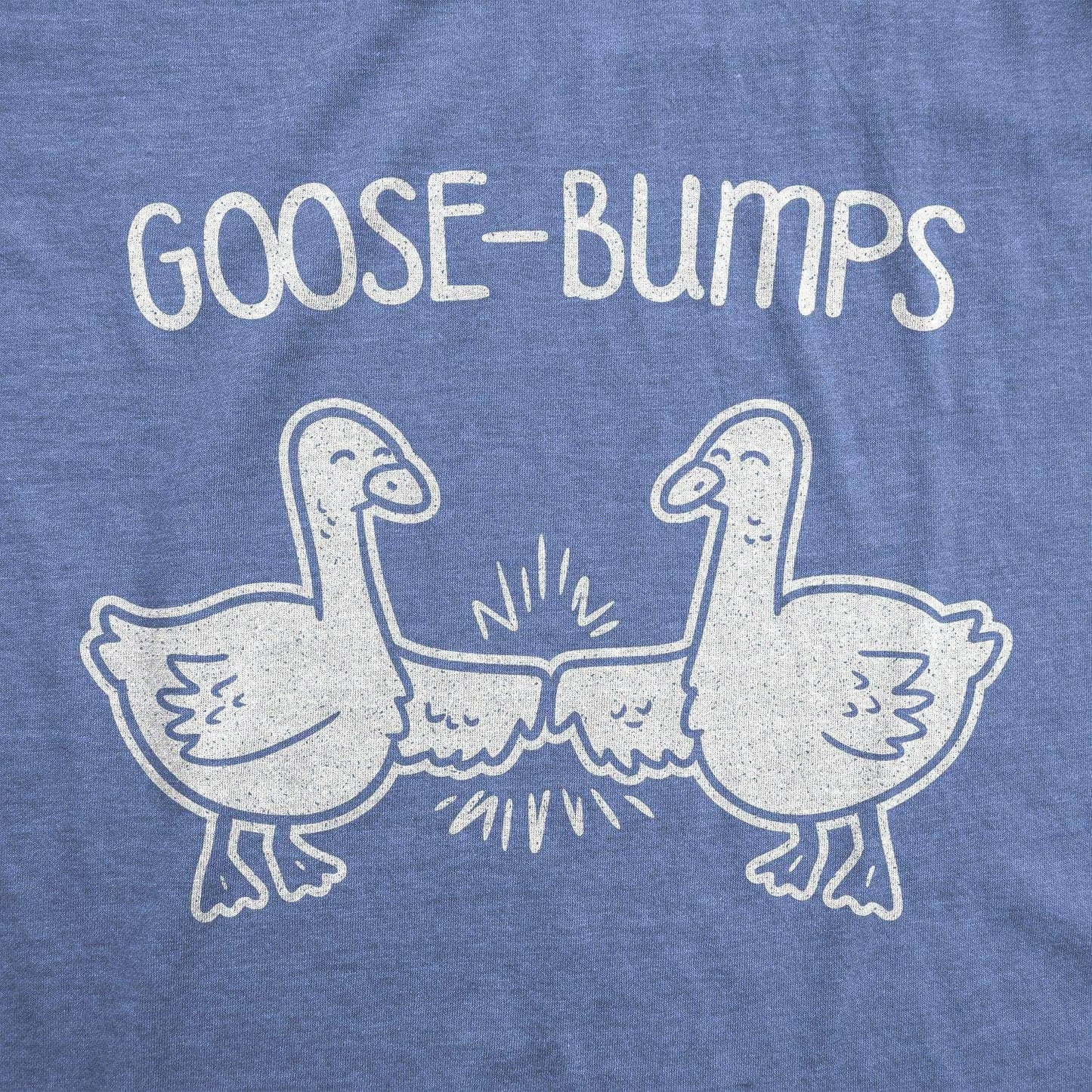 Blue Silly Goose t-shirt with white goose illustrations and 'GOOSE-BUMPS' text on a blue background