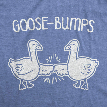 Blue Silly Goose t-shirt with white goose illustrations and 'GOOSE-BUMPS' text on a blue background
