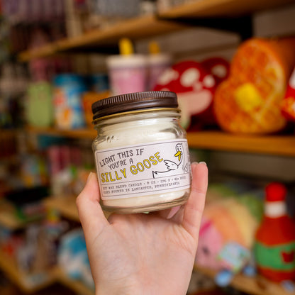 Hand holding a Silly Goose candle jar with a humorous label in a store setting