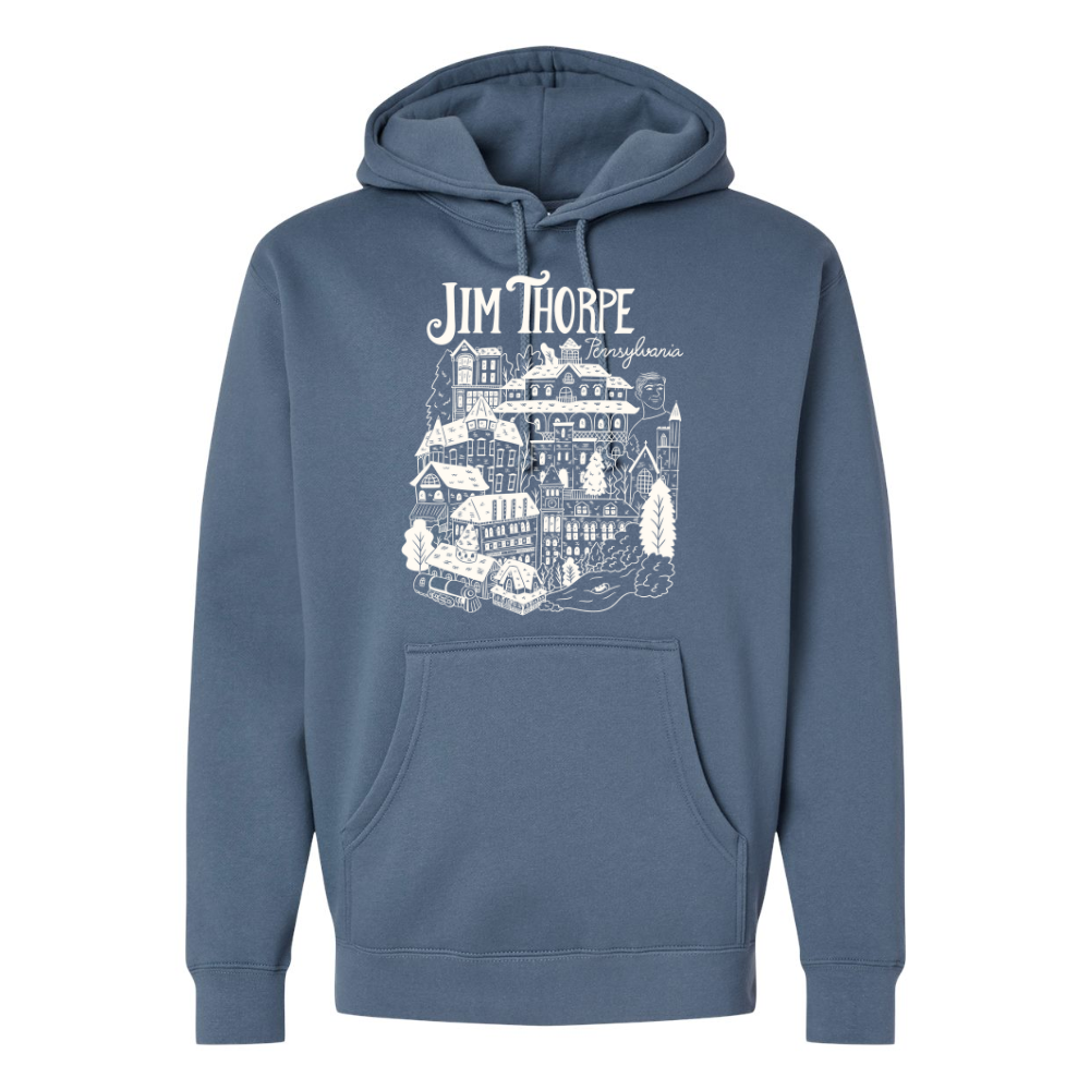 Blue Silly Goose hoodie with 'Jim Thorpe' graphic design on a white background