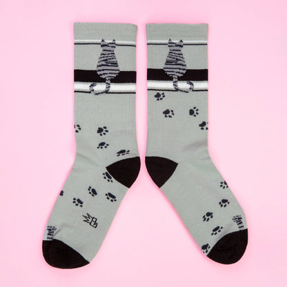 Sitting Gray Tabby Cat Gym Crew Socks