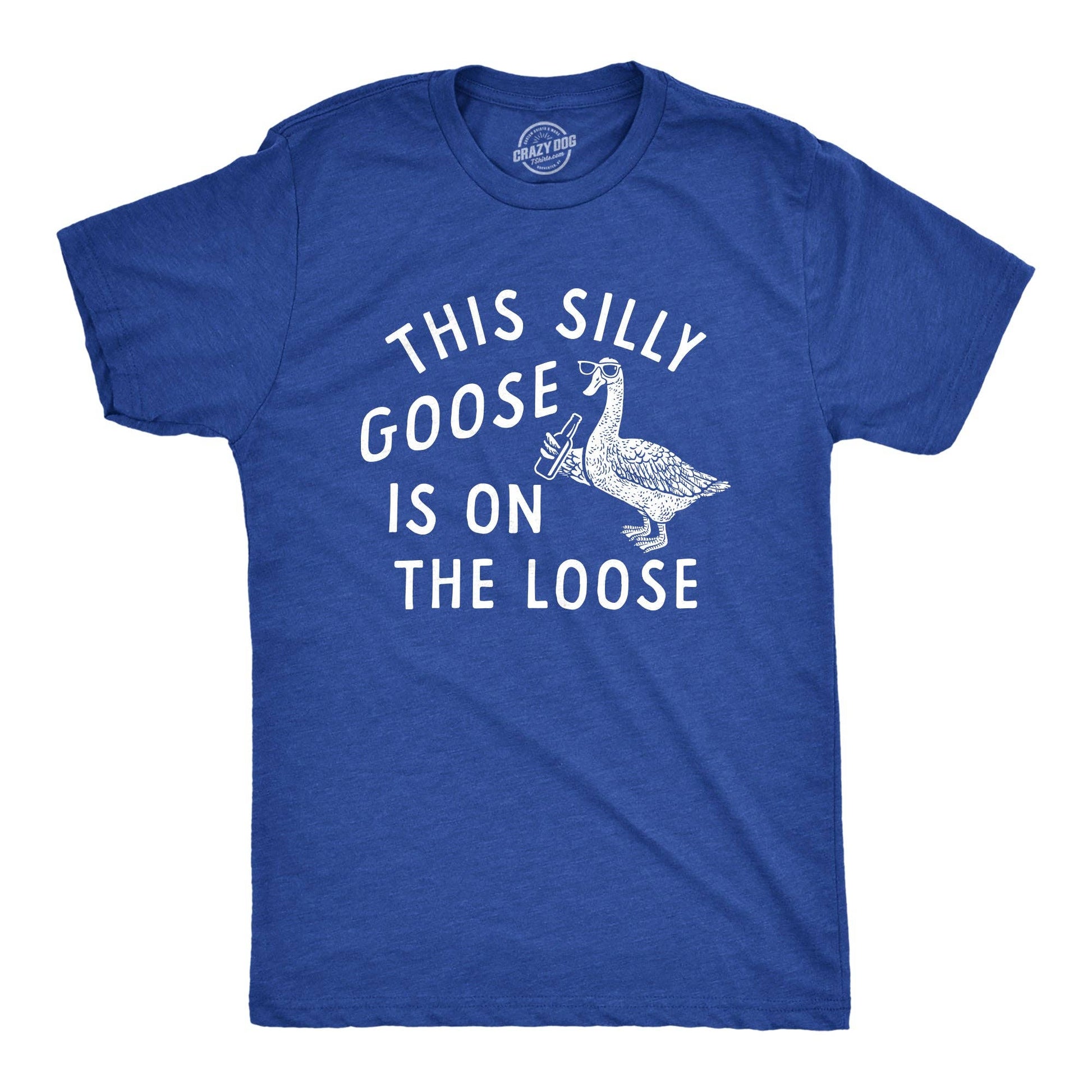 Blue Silly Goose t-shirt with white text and goose graphic on a white background