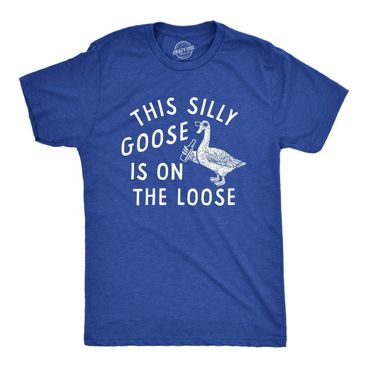Blue Silly Goose t-shirt with white text and goose graphic on a white background
