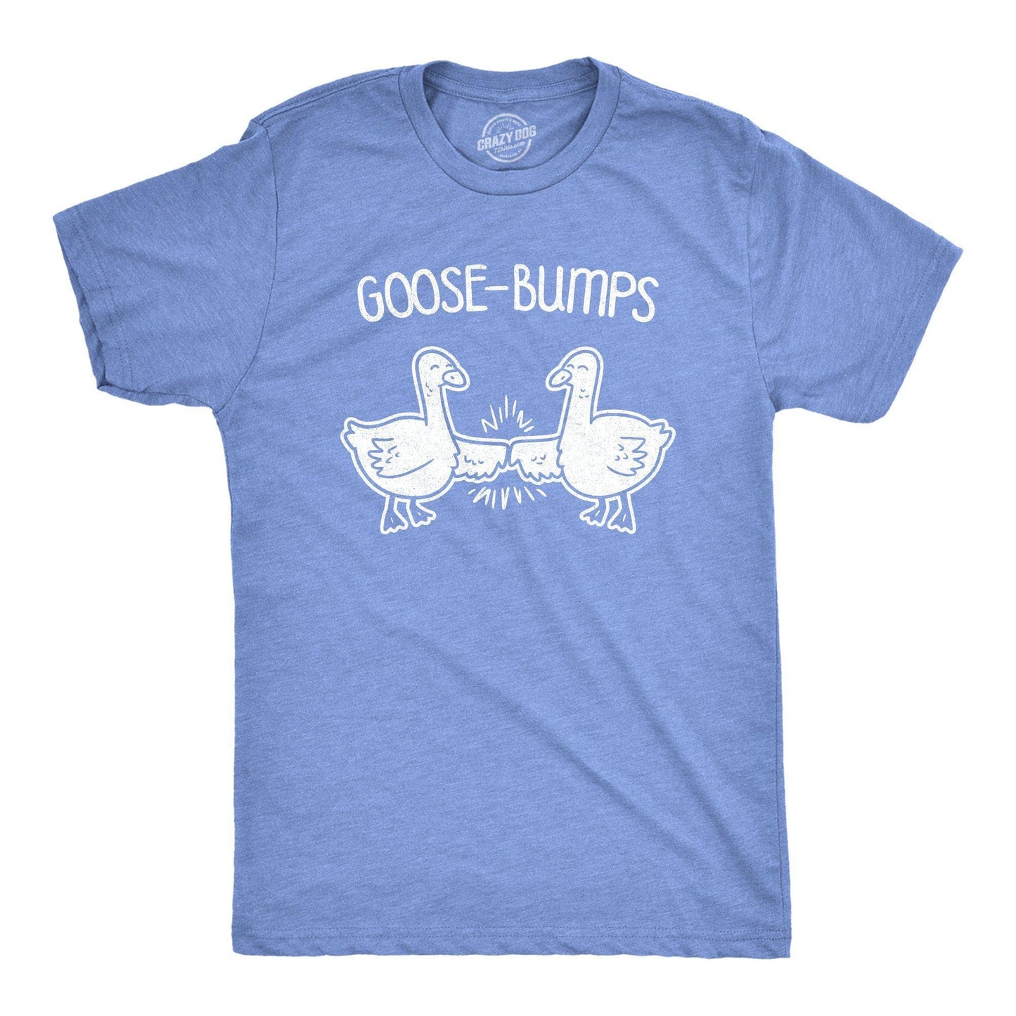 Blue Silly Goose t-shirt with white graphic of two geese and 'GOOSE-BUMPS' text on a white background