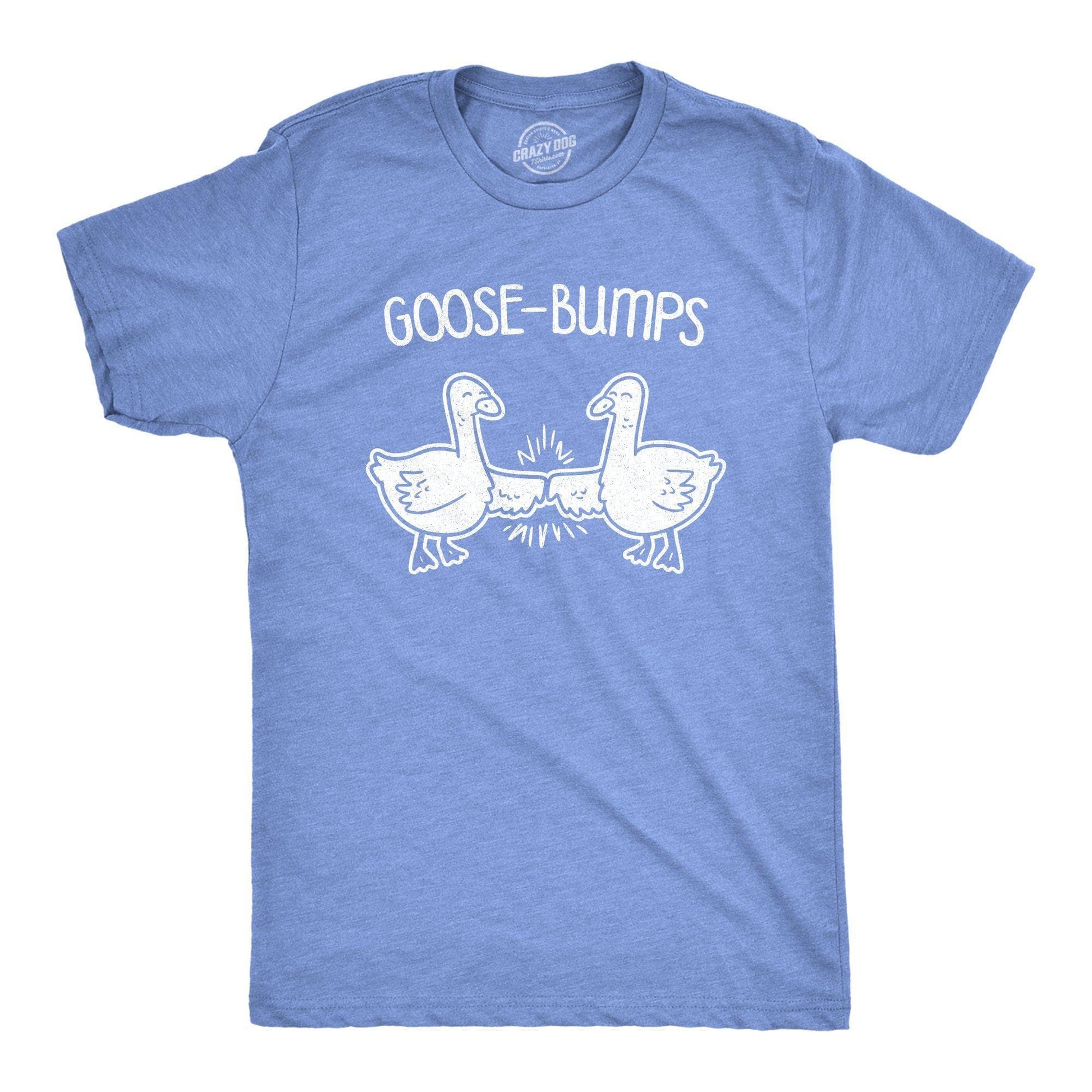 Blue Silly Goose t-shirt with white graphic of two geese and 'GOOSE-BUMPS' text on a white background