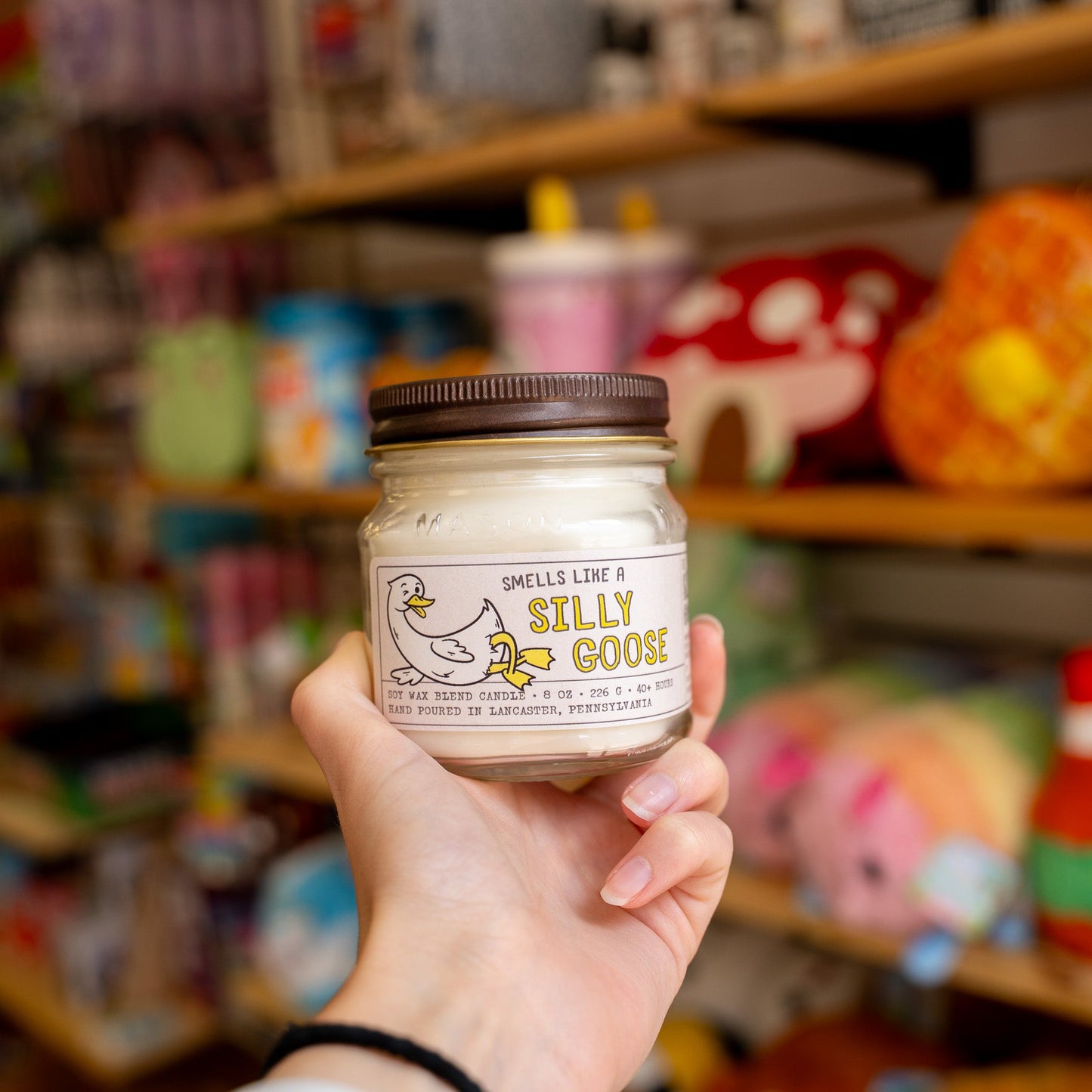 Hand holding a Silly Goose candle jar labeled 'Smells Like a Silly Goose' in a store setting with various products in the background.