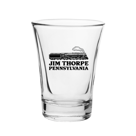 Clear Silly Goose glass with Jim Thorpe black train design and text on a white background