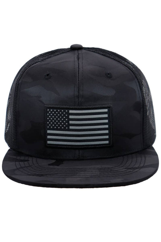 Monochrome American Flag Flat Bill Mesh Trucker Hat