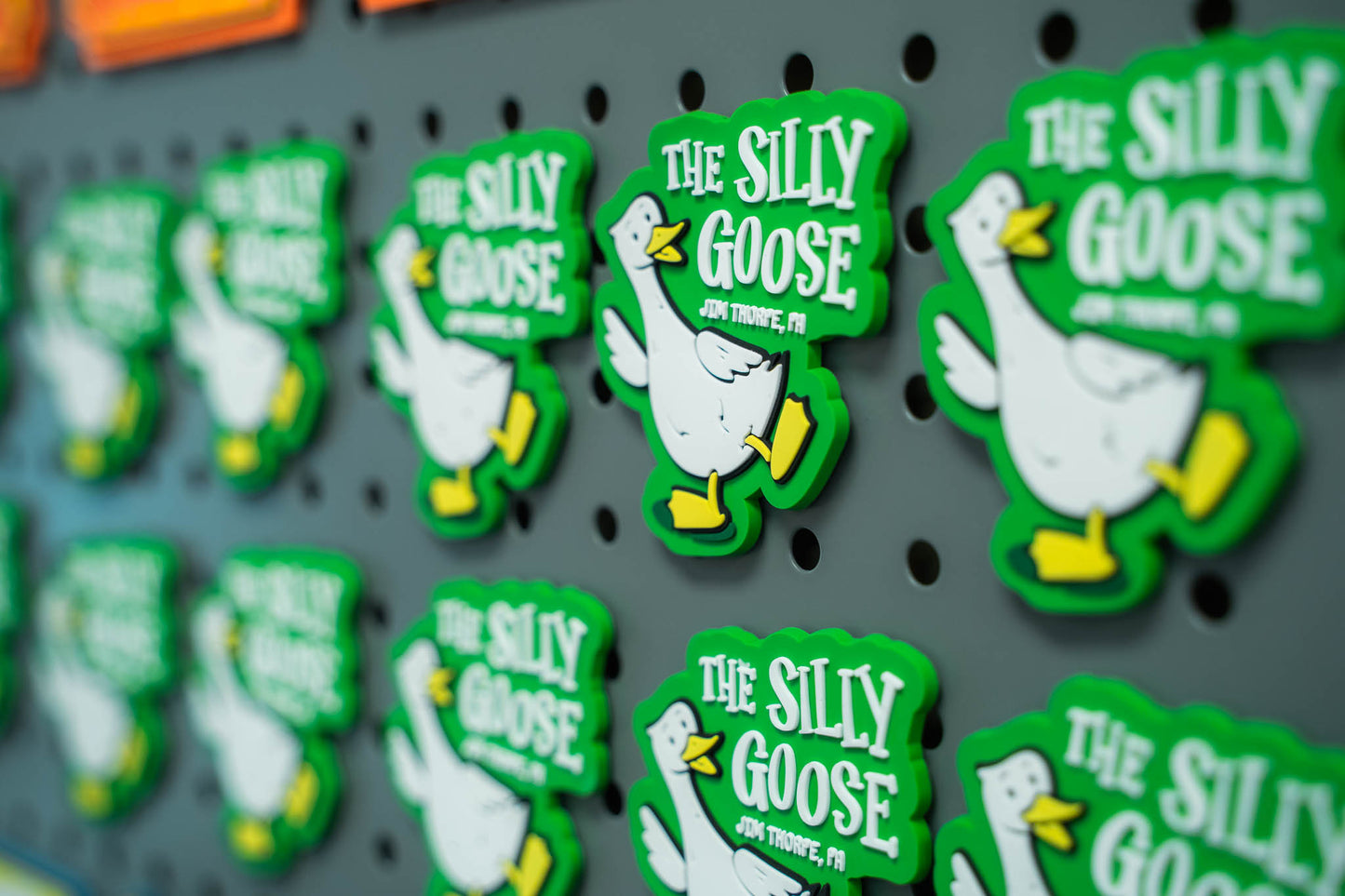 Green and white 'The Silly Goose' magnet on a pegboard